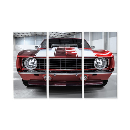 Obraz Wieloczęściowy Czerwony Muscle Car W Garażu