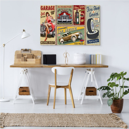 Obraz Na Płótnie Kolaż Starych Płyt Z Retro Samochodami