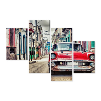 Obraz Wieloczęściowy Czerwony Samochód Chevroleta W Stylu Retro