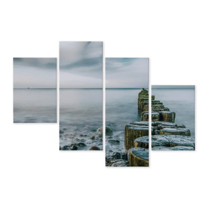 Obraz Wieloczęściowy Skalista Plaża I Drewniane Falochrony 3D