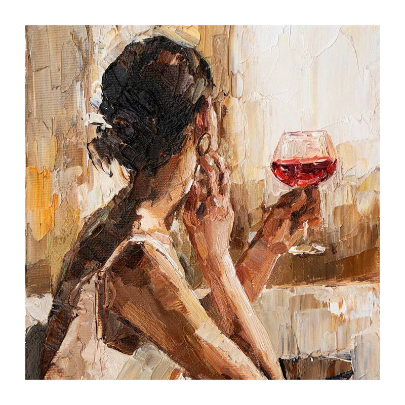 Obraz Na Płótnie Fragment Of Artwork Where Beautiful Attractive Young Woman Holding A Glass Of Wine. Oil Painting On Canvas.