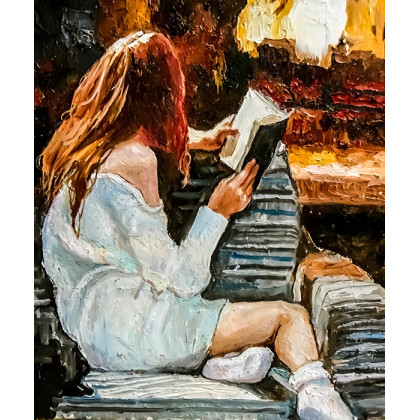 Obraz Na Płótnie Young Girl Comfortably Sits On A Sofa And Reads A Book Near The Fireplace. Oil Painting On Canvas.