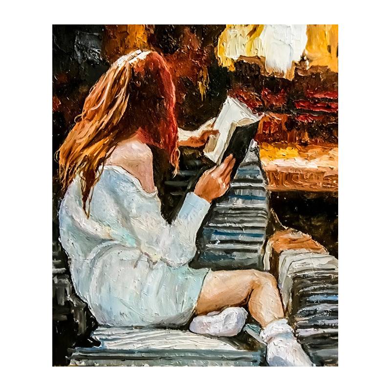 Obraz Na Płótnie Young Girl Comfortably Sits On A Sofa And Reads A Book Near The Fireplace. Oil Painting On Canvas.