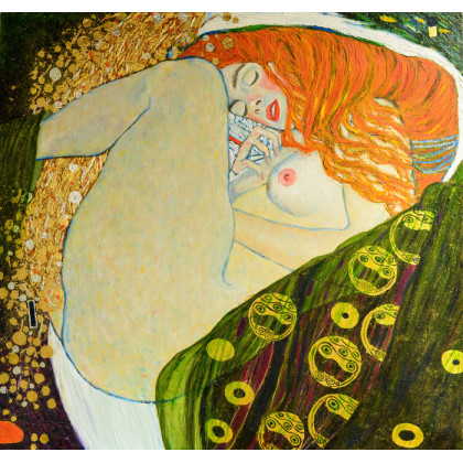 Obraz Na Płótnie Oil On Canvas. Oil Painting. Gold Leaf. Beautiful Red Hair Girl. Based On Painting Danae. G. Klimt
