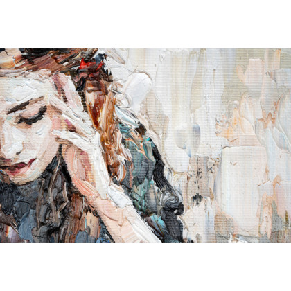 Obraz Na Płótnie Portrait Of A Girl In A Cafe. Fragment Of An Oil Painting. Atractiv Art On Canvas.