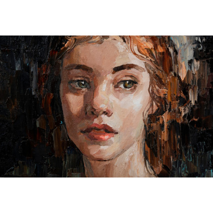 Obraz Na Płótnie Portrait Of A Young, Dreamy Girl With Curly Brown Hair . Palette Knife Technique Of Oil Painting And Brush.
