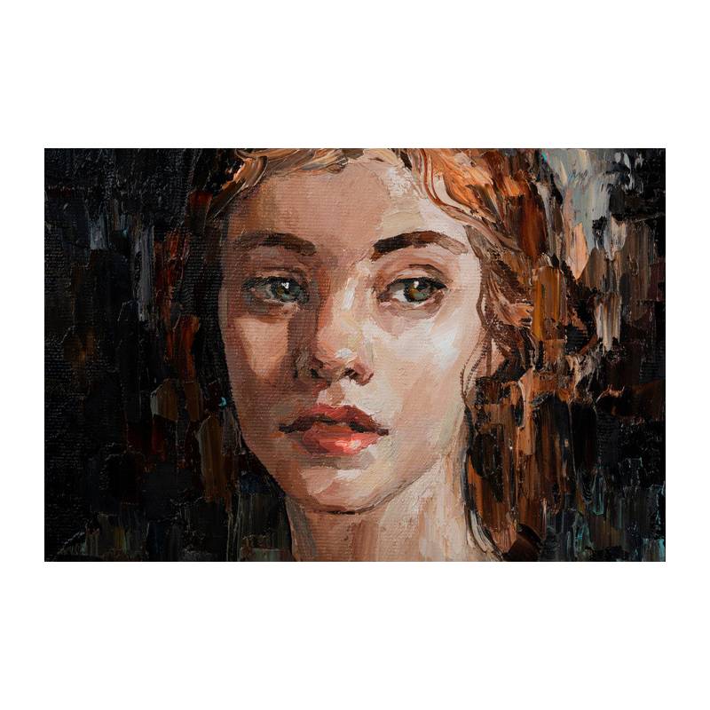 Obraz Na Płótnie Portrait Of A Young, Dreamy Girl With Curly Brown Hair . Palette Knife Technique Of Oil Painting And Brush.