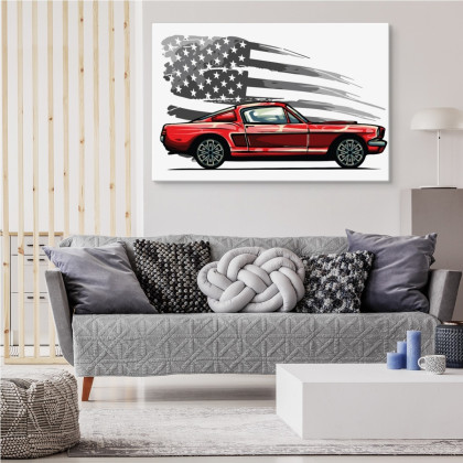 Obraz Na Płótnie Samochód Sportowy Na Szarym Tle Retro Flagi Usa
