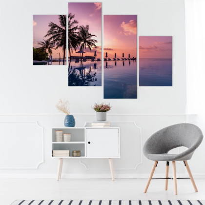 Obraz Wieloczęściowy Tropikalny Krajobraz O Zachodzie Słońca