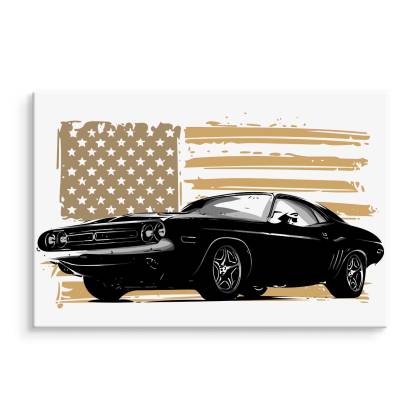 Obraz Na Płótnie Amerykański Muscle Car Na Tle Beżowej Flagi Usa