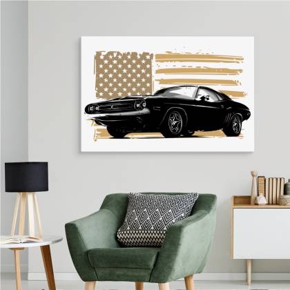 Obraz Na Płótnie Amerykański Muscle Car Na Tle Beżowej Flagi Usa