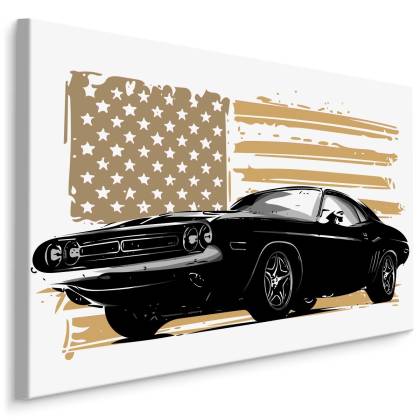 Obraz Na Płótnie Amerykański Muscle Car Na Tle Beżowej Flagi Usa