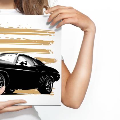 Obraz Na Płótnie Amerykański Muscle Car Na Tle Beżowej Flagi Usa