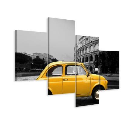 Obraz Wieloczęściowy Żółty Samochód Retro Na Tle Koloseum