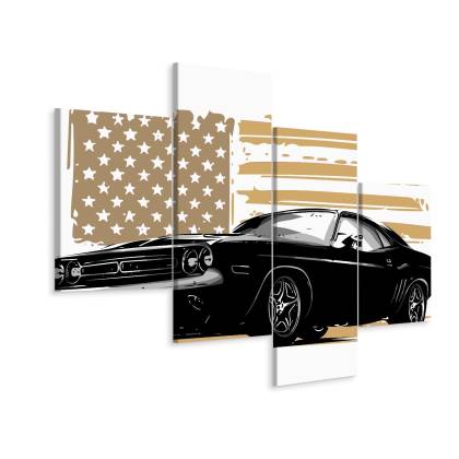 Obraz Wieloczęściowy Amerykański Muscle Car Z Flagą Usa W Tle