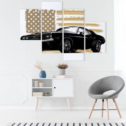 Obraz Wieloczęściowy Amerykański Muscle Car Z Flagą Usa W Tle
