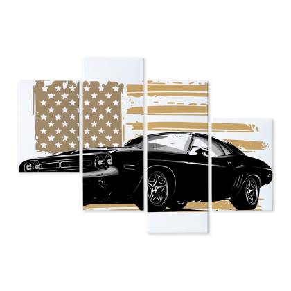 Obraz Wieloczęściowy Amerykański Muscle Car Z Flagą Usa W Tle