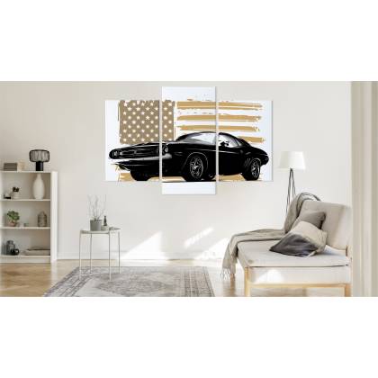 Obraz Wieloczęściowy Amerykański Muscle Car Z Flagą Usa W Tle