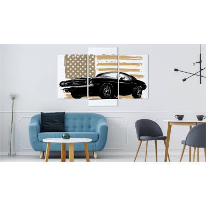 Obraz Wieloczęściowy Amerykański Muscle Car Z Flagą Usa W Tle
