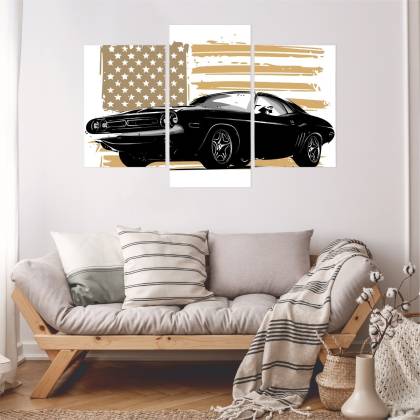Obraz Wieloczęściowy Amerykański Muscle Car Z Flagą Usa W Tle