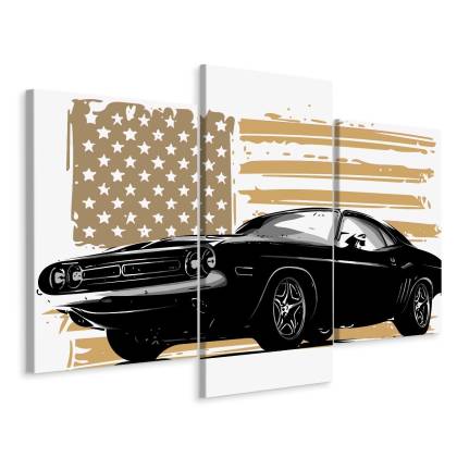 Obraz Wieloczęściowy Amerykański Muscle Car Z Flagą Usa W Tle