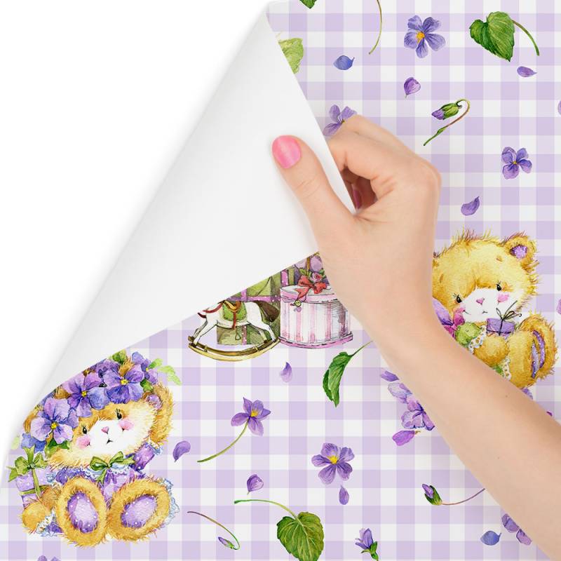 Tapeta Kratka Misie Kwiaty Liście, Dla Dziewczynki