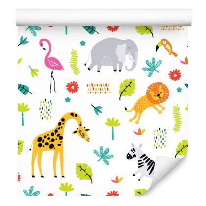 Tapeta Do Pokoju Dziewczynki Flamingi, Lwy, Słonie