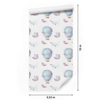 Tapeta W Balony, Chmury, Ptaki, Do Pokoju Dziecka