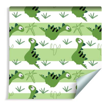 Tapeta Dla Dzieci - Dinozaury Na Tle Zielono - Białych Pasków