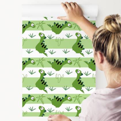 Tapeta Dla Dzieci - Dinozaury Na Tle Zielono - Białych Pasków