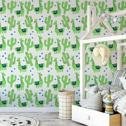 Tapeta Do Pokoju Dziecka, Lamy, Kaktusy, Zieleń