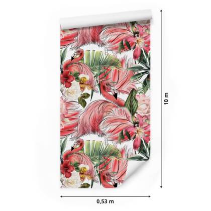 Tapeta Do Salonu, Flamingi, Róże, Kwiaty, Liście