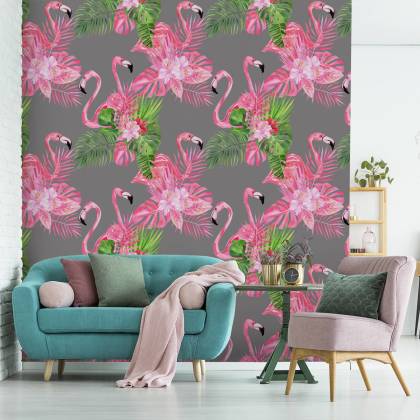 Tapeta Do Salonu, Flamingi, Ptaki, Zieleń, Liście