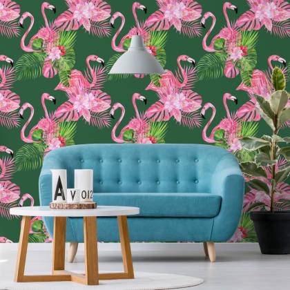 Tapeta Do Salonu Flamingi, Ptaki, Kwiaty, Zieleń