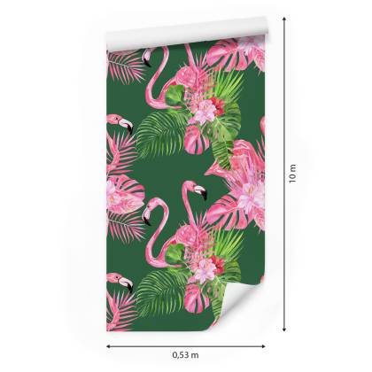 Tapeta Do Salonu Flamingi, Ptaki, Kwiaty, Zieleń