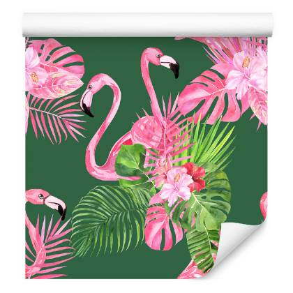 Tapeta Do Salonu Flamingi, Ptaki, Kwiaty, Zieleń
