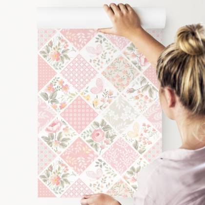 Tapeta Mozaika W Formie Patchworku Z Motylami I Kwiatami
