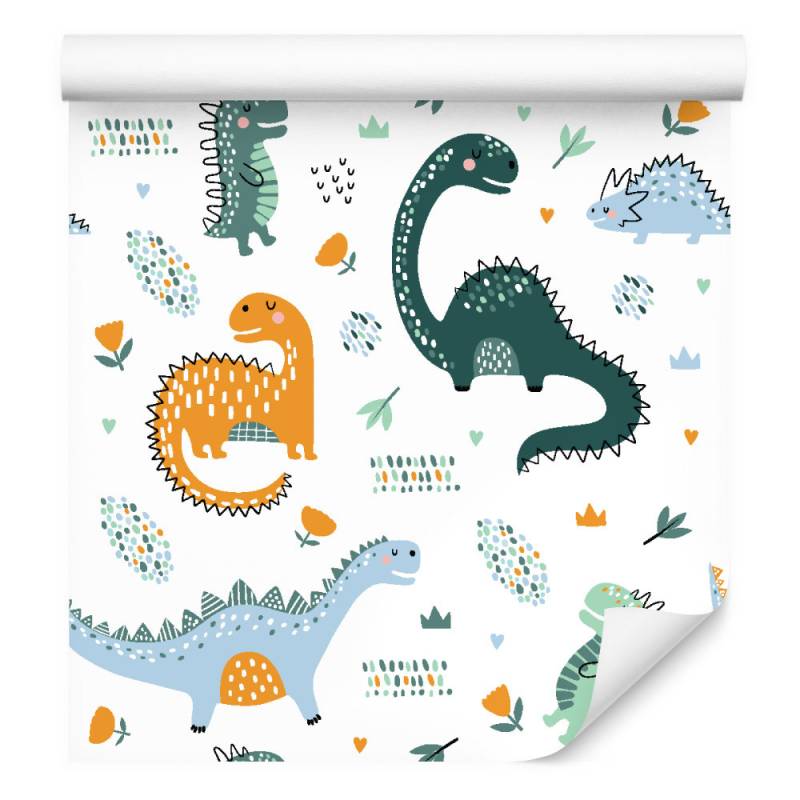 Tapeta Do Pokoju Dziecka Dinozaury, Liście, Kwiaty