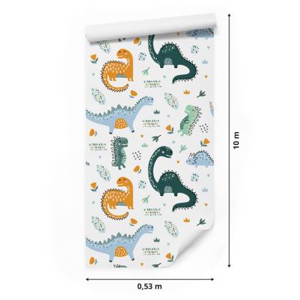 Tapeta Do Pokoju Dziecka Dinozaury, Liście, Kwiaty