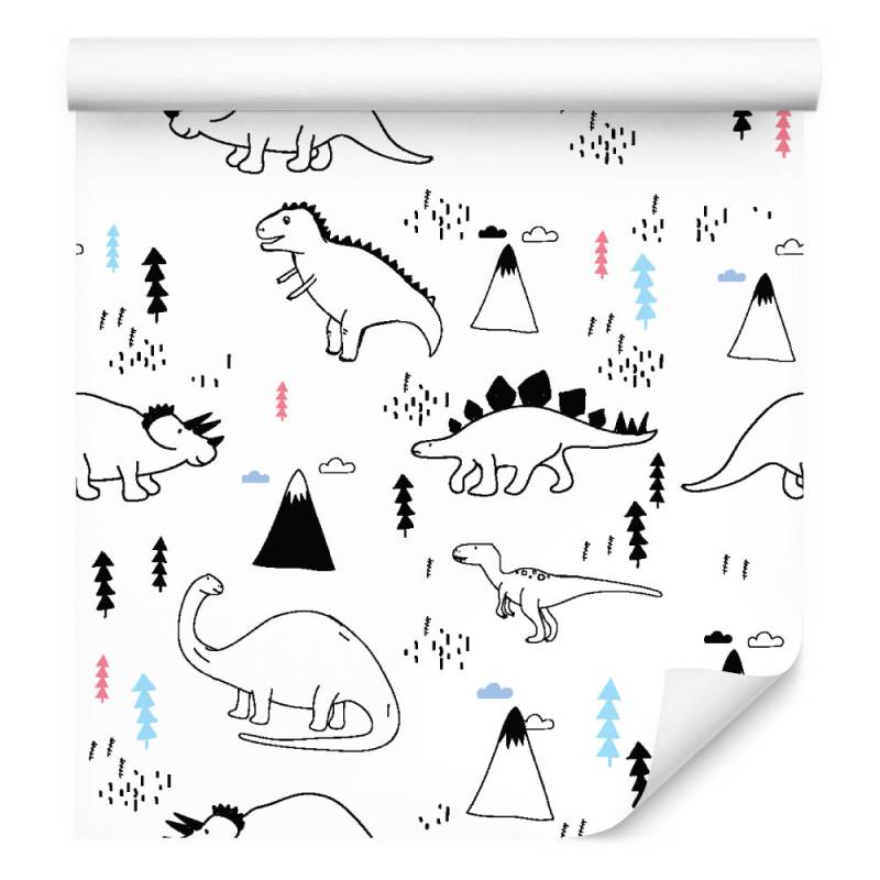 Tapeta Dla Dzieci, Dinozaury, Chmury, Góry, Drzewa