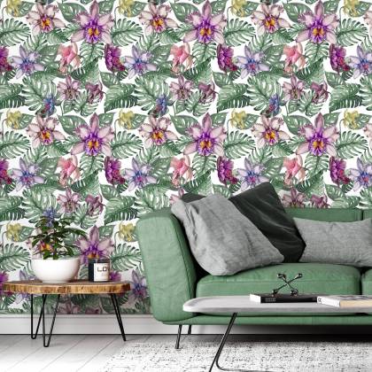 Tapeta Kolorowe Kwiaty Orchidei I Liście Monstery