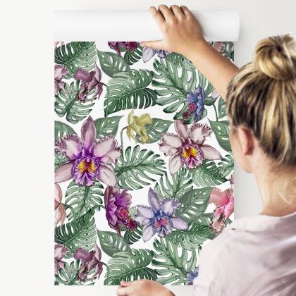 Tapeta Kolorowe Kwiaty Orchidei I Liście Monstery