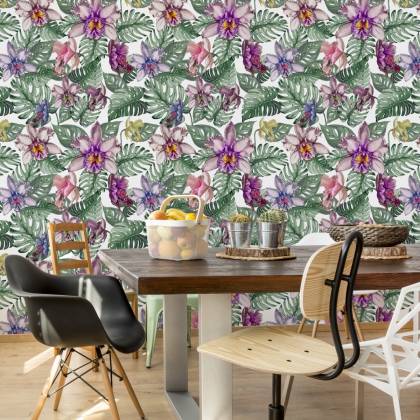 Tapeta Kolorowe Kwiaty Orchidei I Liście Monstery