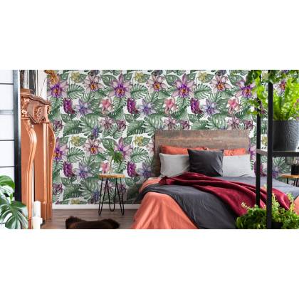 Tapeta Kolorowe Kwiaty Orchidei I Liście Monstery