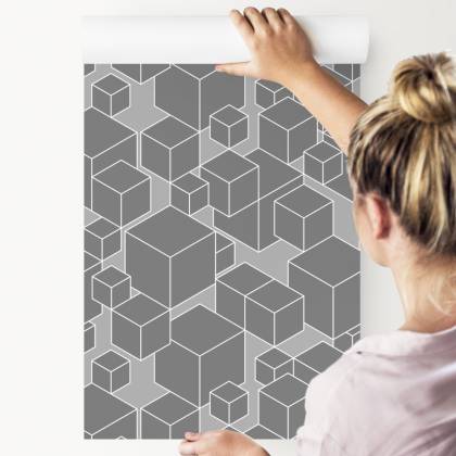 Tapeta Geometryczna - Sześciany W Odcieniach Szarości