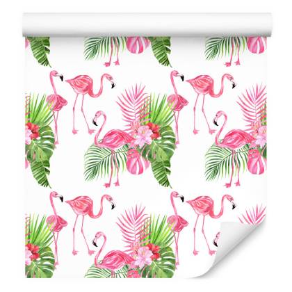 Tapeta Do Salonu, Flamingi, Kwiaty, Zieleń