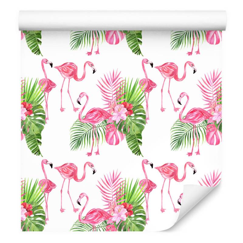 Tapeta Do Salonu, Flamingi, Kwiaty, Zieleń