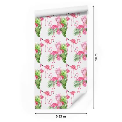 Tapeta Do Salonu, Flamingi, Kwiaty, Zieleń