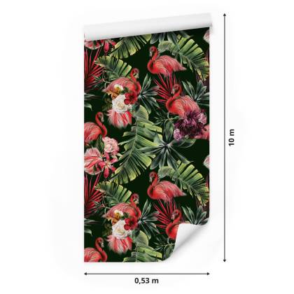 Tapeta Flamingi, Róże, Kwiaty, Zieleń, Do Sypialni
