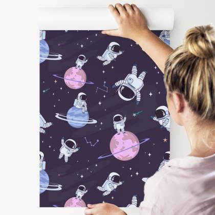 Tapeta Dla Dzieci - Kosmonauci Wśród Gwiazd I Planet